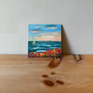 Seascape Sailboat and Beach Original Oil Painting on Board